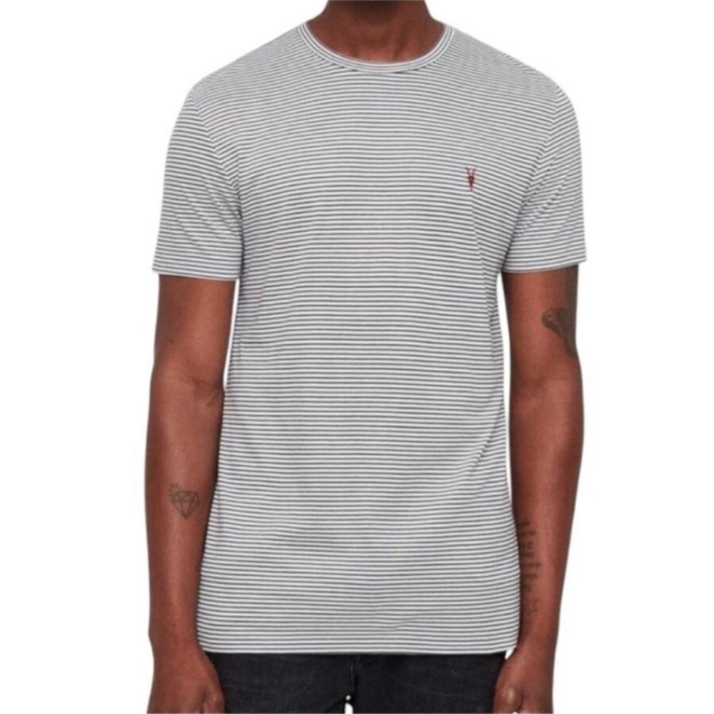 ALL SAINTS White & Gray Striped Cotton Blend Soft Short-sleeved T-shirt size XXL